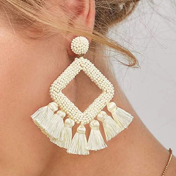 Lolita Off White Beaded Tassel Statement Earrings - Picture 2 of 3